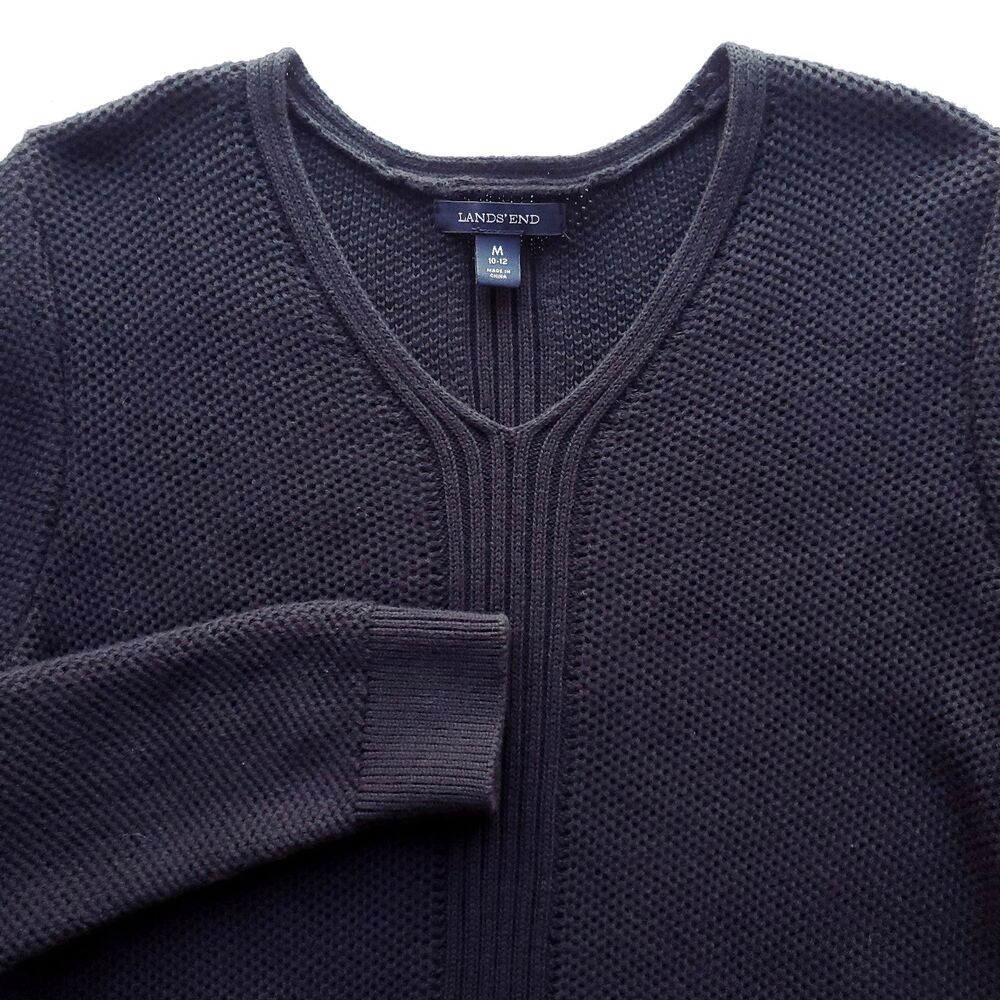 Lands End 100% Cotton Tunic Sweater Womens M Black V Neck Textured Pullover